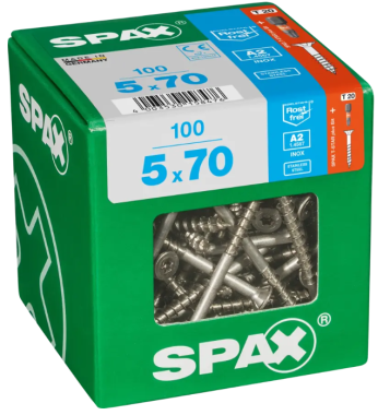 SPAX Edelstahlschraube, 5 x 70 mm, 100 Stück, Teilgewinde, Senkkopf, T-STAR plus T20, 4CUT, Edelstahl rostfrei A2, 4197000500706